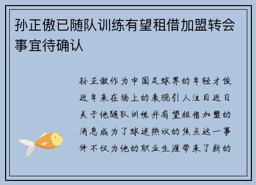 孙正傲已随队训练有望租借加盟转会事宜待确认
