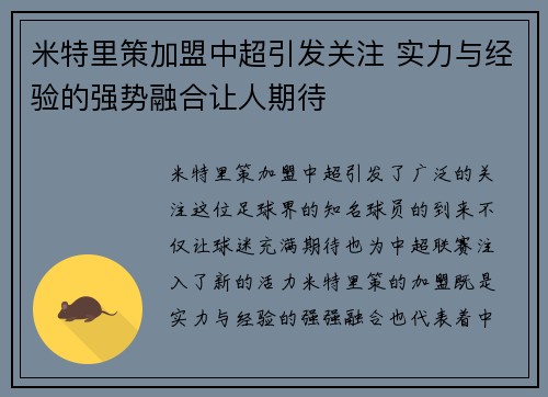 米特里策加盟中超引发关注 实力与经验的强势融合让人期待