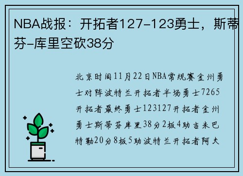 NBA战报：开拓者127-123勇士，斯蒂芬-库里空砍38分